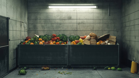 This image depicts overflowing trash bins filled with discarded fruits and vegetables in a dim industrial setting, highlighting the issue of food waste and its impact on urban environments.の素材