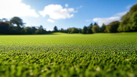 A vibrant close-up view of fresh green grass capturing the essence of nature, set against a backdrop of a clear blue sky and trees, ideal for promoting outdoor themes.の素材