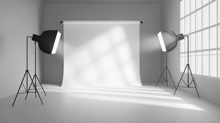 Bright and spacious photography studio featuring a white backdrop and adjustable lights, perfect for creative photography sessions and professional shoots.の素材
