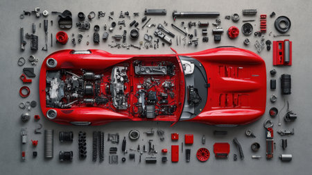 A stunning flat lay composition featuring detailed components of a red sports car surrounded by mechanical parts and tools, illustrating engineering precision and design creativity.の素材