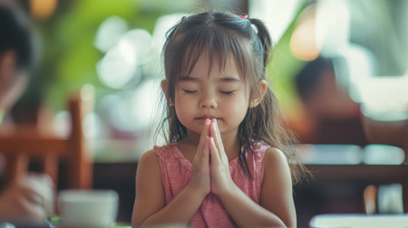A young girl demonstrates a heartfelt prayer in a cozy cafe, capturing a moment of innocence and spirituality in a warm and inviting setting.の素材
