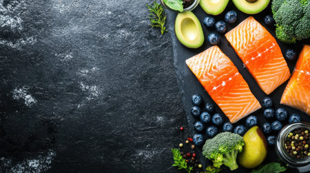 A vibrant arrangement featuring fresh salmon fillets, nutritious avocados, and colorful blueberries on a dark slate background, ideal for promoting healthy eating and meal preparation.の素材
