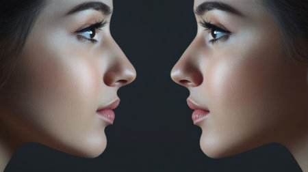 Beautiful profile portrait of two young women gazing at each other, capturing their facial features, symmetry, and expression in a dramatic light against a dark backdrop.の素材