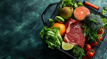 A beautifully arranged grocery basket filled with a variety of healthy fruits, vegetables, and cuts of meat, perfect for promoting a healthy and vibrant lifestyle.の素材
