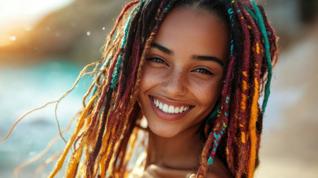 A joyful young woman with colorful dreadlocks smiles brightly against a stunning sunset backdrop by the ocean, capturing a moment of pure happiness and carefree beauty in nature.の素材