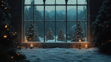 Experience a tranquil winter atmosphere featuring beautifully decorated Christmas trees, glowing candles, and serene snow falling outside a large window in a cozy indoor setting.の素材