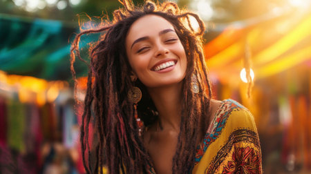 A radiant young woman with dreadlocks beams with happiness in a lively outdoor market, showcasing vibrant colors and a warm, inviting atmosphere filled with culture.の素材