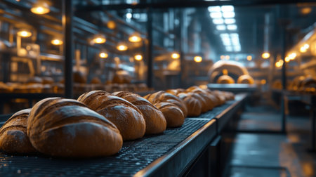A row of freshly baked bread loaves cooling on racks in a bakery factory, illuminated by warm lighting that highlights the fresh texture and inviting aroma.の素材