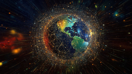 This captivating image features Earth in an intricate web of lights and energy, symbolizing global connectivity and the vastness of space. Perfect for technology and nature themes.の素材