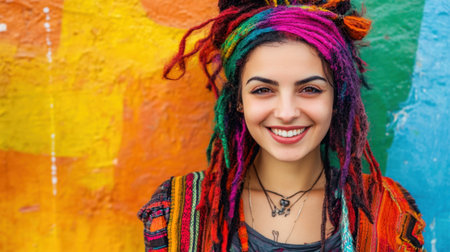 A cheerful young woman with colorful dreadlocks smiles against a lively mural background, showcasing a vibrant expression of youth, culture, and artistic flair.の素材