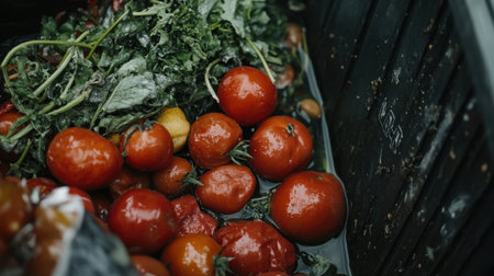A close-up view of ripe tomatoes and fresh greens in a black container, illustrating the beauty of organic produce and the importance of sustainable farming practices.の素材