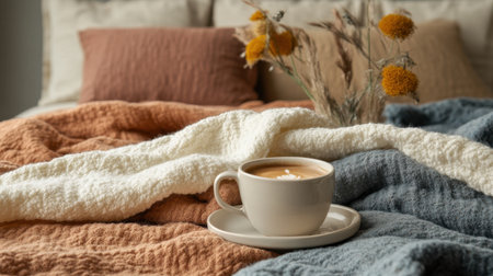 Inviting coffee mug placed on a textured blanket, surrounded by dried flowers, creating a serene and cozy atmosphere perfect for relaxation and comfort at home.の素材