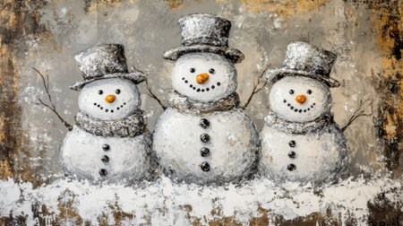 This delightful image features three charming snowmen, each dressed in top hats and scarves, creating a whimsical winter scene perfect for holiday decorations and themes.の素材