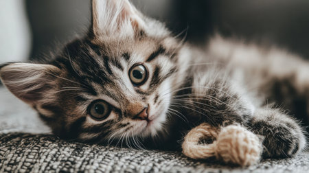 This charming gray tabby kitten rests on a cozy sofa, holding a twisted string toy. Its large, expressive eyes and soft fur capture the essence of pet companionship and joy.の素材