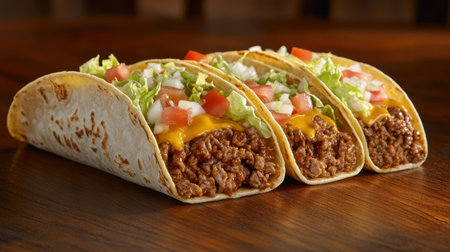Enjoy a vibrant display of soft tacos filled with seasoned ground beef, topped with fresh lettuce, cheese, and tomatoes, perfect for any meal or gathering.の素材