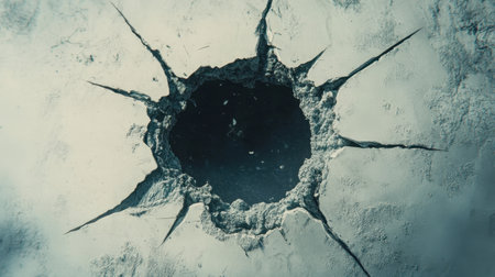 A striking close-up of a cracked surface revealing a deep hole. This image captures themes of destruction, mystery, and the hidden layers beneath the surface, ideal for various design projects.の素材