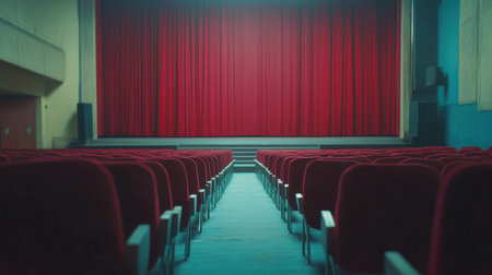 An empty theater interior featuring plush red velvet curtains and organized rows of seats, creating a serene atmosphere perfect for an upcoming performance or movie.の素材