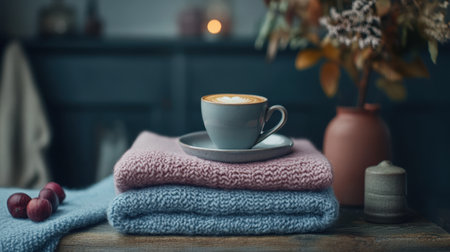 A serene still life scene showcasing a cup of coffee on soft knit blankets, complemented by decorative elements, creating a warm and inviting atmosphere.の素材
