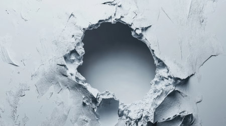 This image features a damaged wall with a round hole exposing a soft grey background, perfect for themes of texture, decay, and urban aesthetics in design projects.の素材