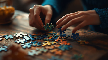 A person engages in a relaxing activity, assembling colorful puzzle pieces on a wooden table, enjoying the creative process in a cozy indoor environment.の素材