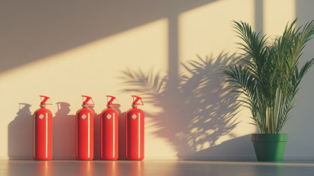 This image showcases red fire extinguishers lined up against a wall, complemented by a lush green plant and warm sunlight, emphasizing safety and modern interior aesthetics.の素材