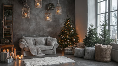 A warm and inviting holiday living room featuring a beautifully decorated Christmas tree, soft furnishings, candles, and cozy decor, perfect for festive celebrations.の素材