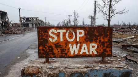 An impactful scene showing a rusty stop war sign in a deserted urban landscape, evoking strong emotions about the effects of conflict and the call for peace in a chaotic world.の素材