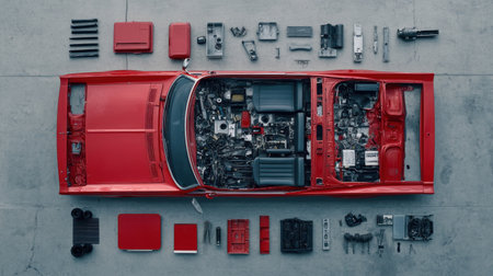 This image features a top view of a red car with its interior and components disassembled, ideal for showcasing automotive design and repair processes in creative projects.の素材