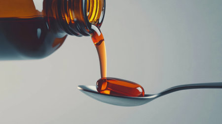 A captivating image showing a liquid medicine being poured from a bottle into a spoon, featuring a gel capsule, emphasizing the importance of health and supplementation.の素材
