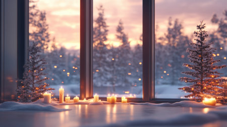 A serene winter scene with glowing candles and snowy trees viewed through a large window, creating a cozy atmosphere that invites relaxation and celebration.の素材