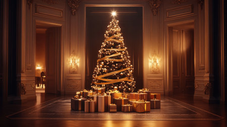 A stunning Christmas tree decorated with warm lights and golden ribbons stands majestically in a luxurious interior, surrounded by elegantly wrapped gifts, creating a magical holiday atmosphere.の素材