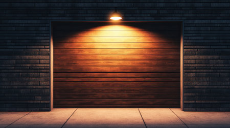 Captivating view of a wooden garage door under warm lighting against a dark brick wall, creating a serene atmosphere in an urban nighttime setting.の素材