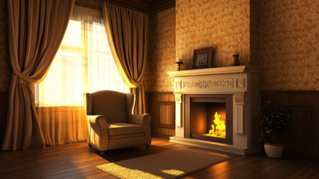 A cozy living room featuring a warm fireplace, elegant curtains, soft lighting, and rich wooden flooring, perfect for creating a relaxing and inviting atmosphere.の素材