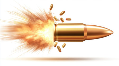 A striking image showing a bullet in mid-explosion with flying shell casings, representing energy and action, ideal for themes related to military and firearms.の素材