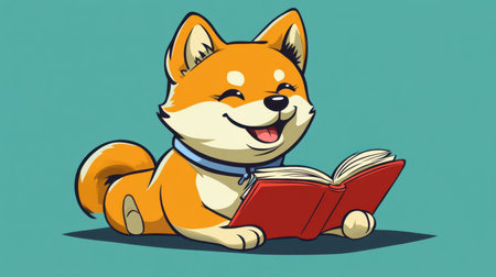 A cheerful Shiba Inu dog is happily reading a book in a cartoon style, showcasing a playful spirit in a vibrant, colorful setting that captures joy and relaxation.の素材