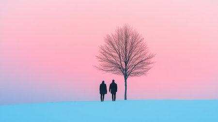 A tranquil winter scene featuring two silhouetted figures standing together beneath a bare tree, framed by a dreamy pastel sky, evoking feelings of peace and reflection.の素材
