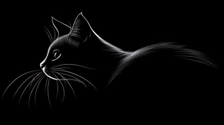 A captivating silhouette of a cat, featuring delicate lines and pronounced whiskers against a black background, embodying the beauty and mystery of feline grace.の素材