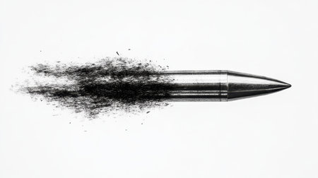 Stunning illustration of a metallic bullet moving rapidly, leaving a smoke trail, conveying speed and energy for use in creative projects and dynamic visuals.の素材