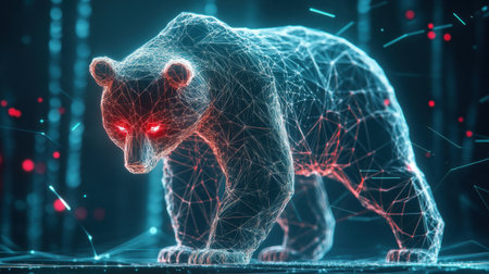 A visually striking digital representation of a bear created with connected lines and neon colors, showcasing a blend of wildlife and technology in a futuristic style.の素材
