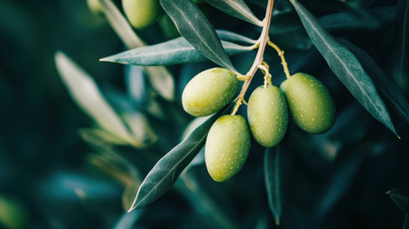 Discover a serene image of fresh green olives hanging from a branch amidst lush leaves, highlighting the beauty and richness of Mediterranean agriculture in a natural setting.の素材