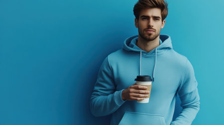 A stylish young man stands against a vibrant blue wall, holding a coffee cup. He embodies modern fashion and casual lifestyle, perfect for showcasing urban vibes and youthful energy.の素材
