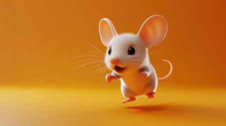 Adorable cartoon mouse character running joyfully against a vibrant orange background, perfect for childrenの素材