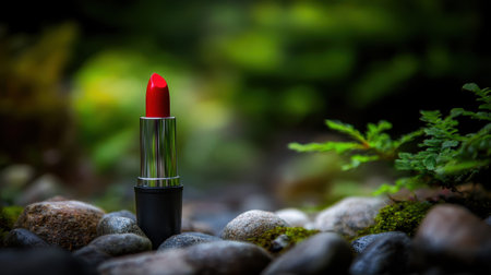 A striking red lipstick stands out among smooth stones, framed by soft greenery, highlighting the interplay of nature and beauty in a tranquil setting.の素材