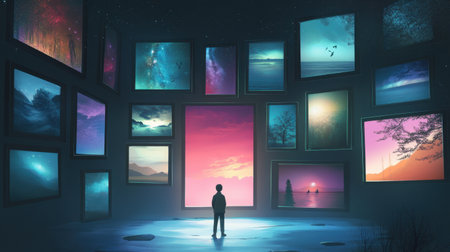 A serene scene featuring a figure in a gallery filled with colorful framed landscapes, inviting introspection and a deeper appreciation for the beauty of nature and art.の素材