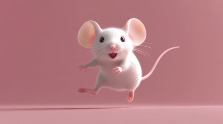 This adorable cartoon mouse jumps joyfully against a soft pink backdrop, showcasing its big ears and cheerful expression, embodying playfulness and creativity in a whimsical style.の素材