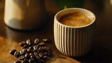 A beautifully crafted espresso sits in a textured cup, surrounded by dark coffee beans, embodying the essence of coffee culture and the warmth of a cozy cafの素材