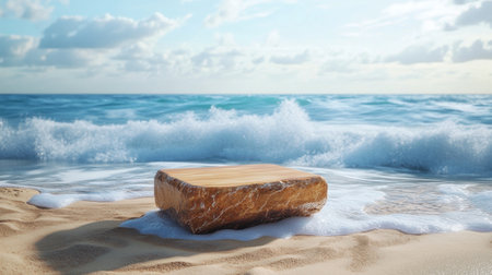 A stunning coastal scene features a rock resting on the sandy beach, with gentle ocean waves lapping at its edges under a bright blue sky, epitomizing relaxation.の素材