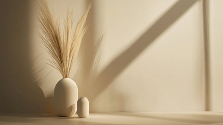Discover a serene and elegant minimalist composition showcasing vases adorned with dried pampas grass, set against a soft neutral backdrop highlighting light and shadow.の素材