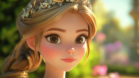 A captivating animated princess with a floral crown, exuding whimsical charm in a lush garden setting. Perfect for fantasy themes and enchanting stories.の素材
