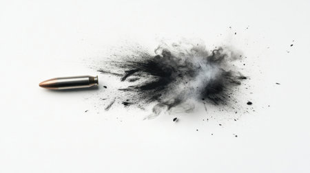 A striking visual of a bullet resting beside an explosion of smoke and dust, capturing the essence of energy and motion against a clean white backdrop.の素材